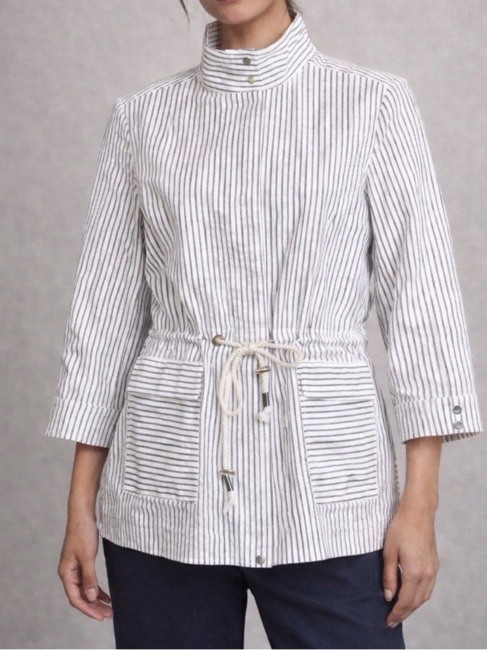 Doncaster Collection Striped Utility Jacket White Navy Drawstring Size Large